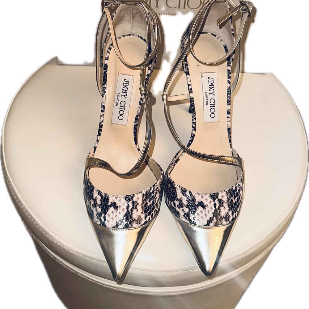 Jimmy Choo Metallic Gold and Snake Print Pointed Toe Heels